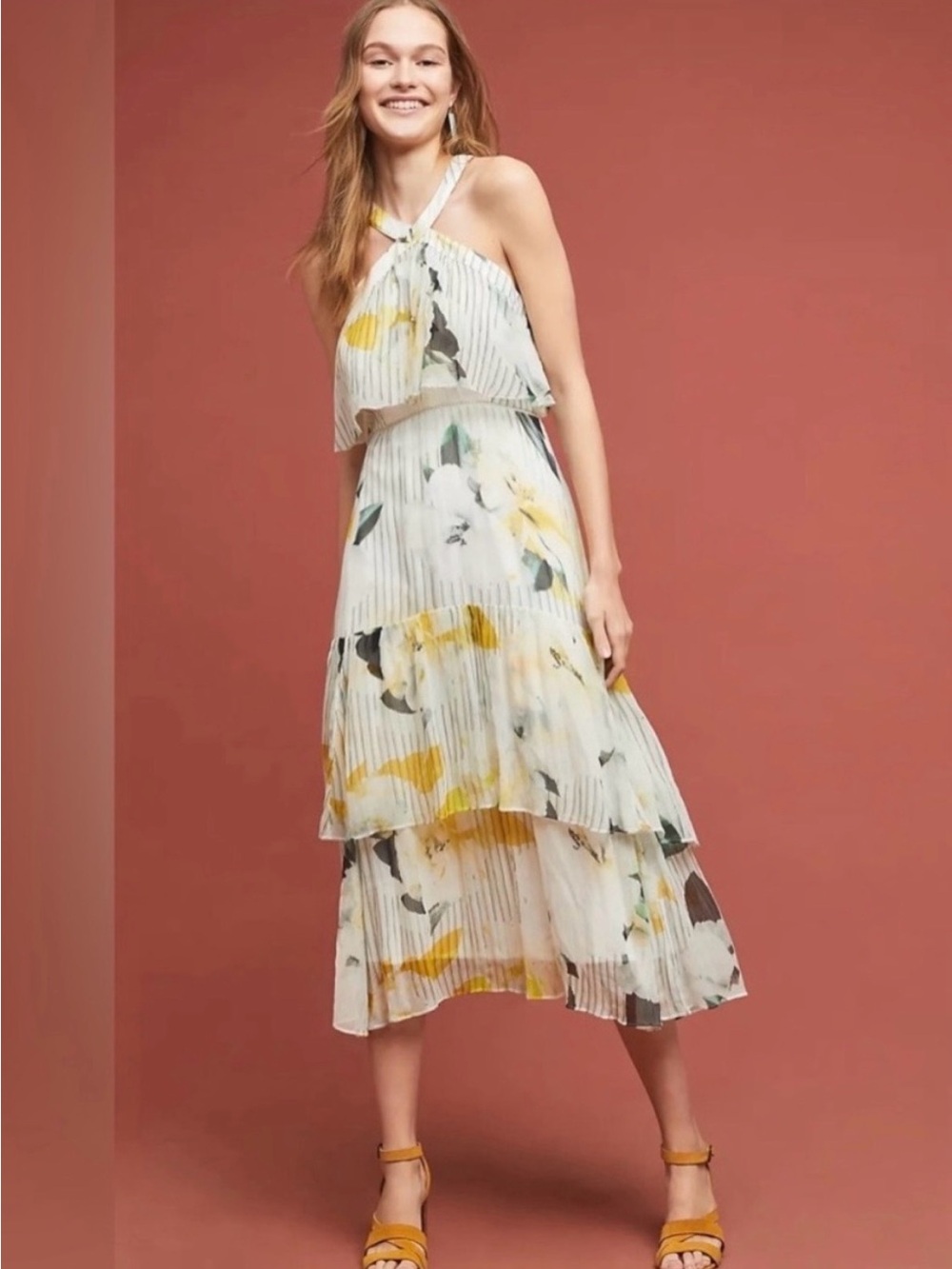 Anthropologie Tiered Halter Floral Midi Dress - White & Yellow